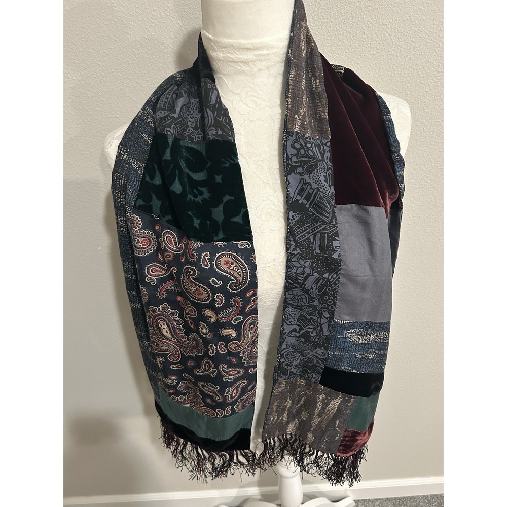 Vintage 90s Burnout Velvet & Silk Patchwork Scarf Fringed 57"x10" Boho Luxury - Picture 2 of 13